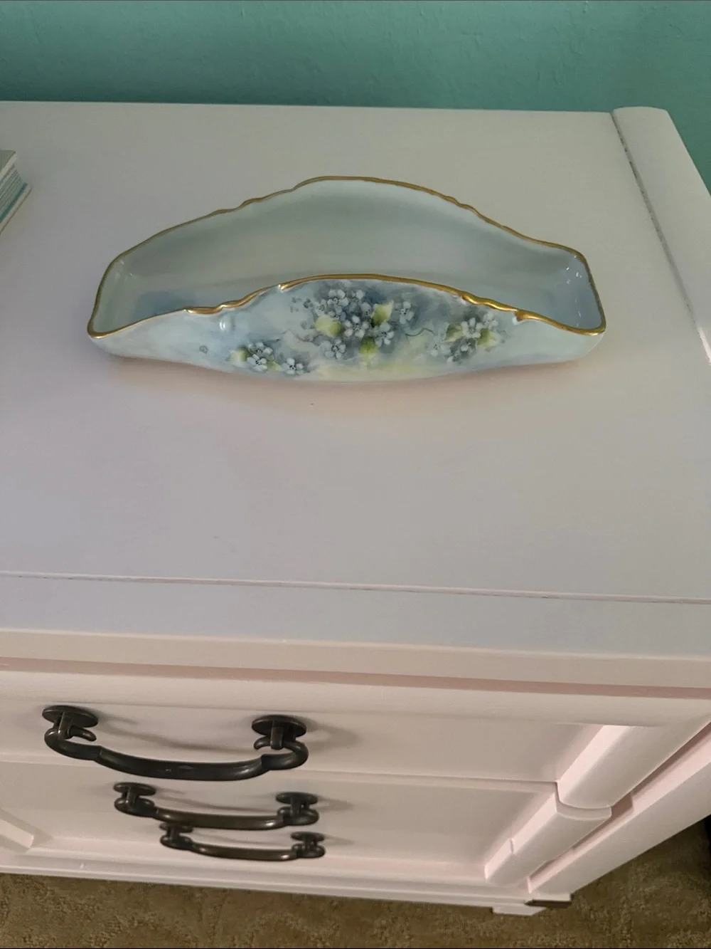 Hand-Painted Blue Floral Porcelain Tray with Gold Trim